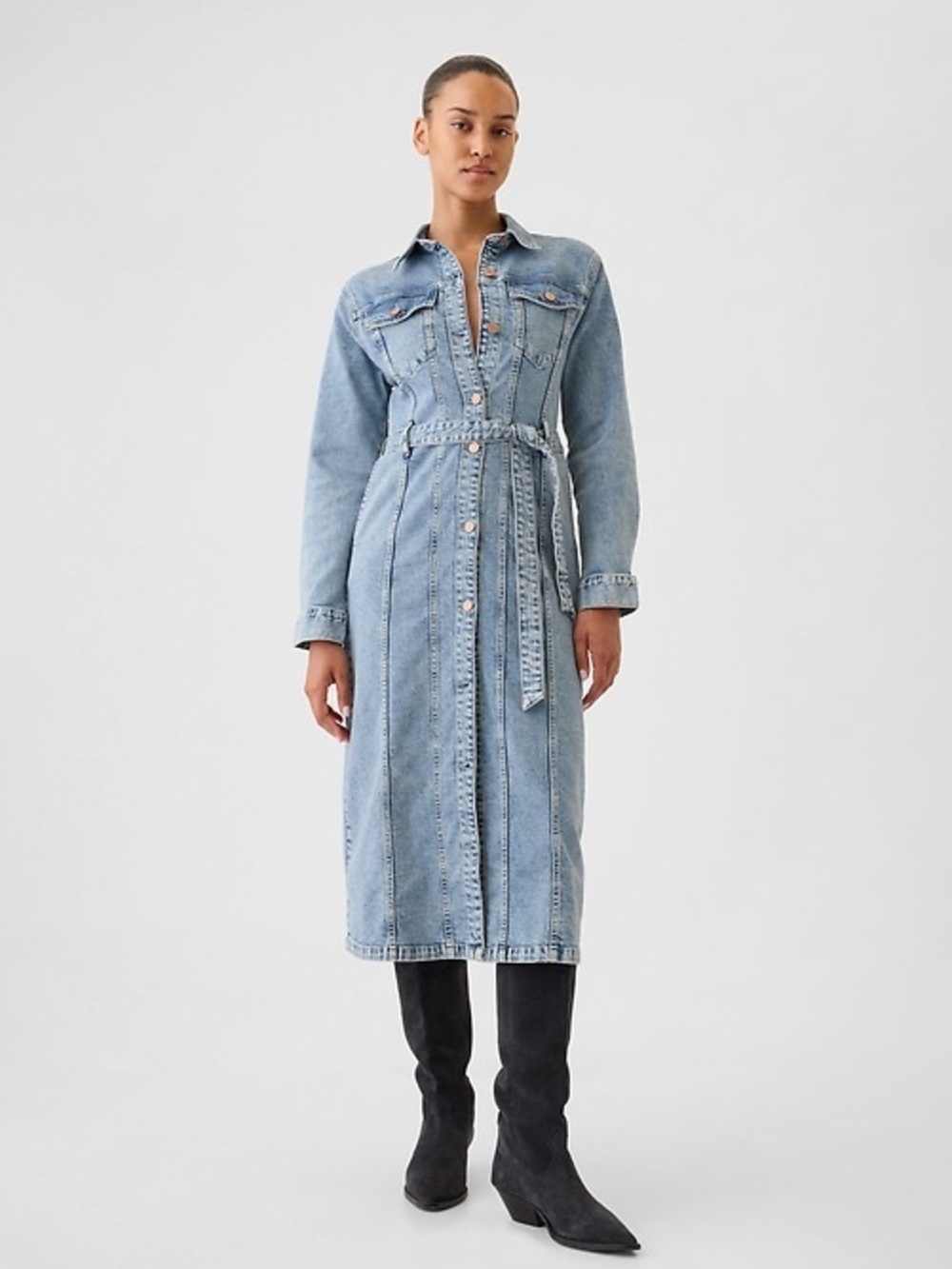 GAP Belted Denim Long Sleeve Midi Dress